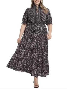 London Times Floral Print Tiered Smocked Waist Maxi Dress Size 8 Petite New